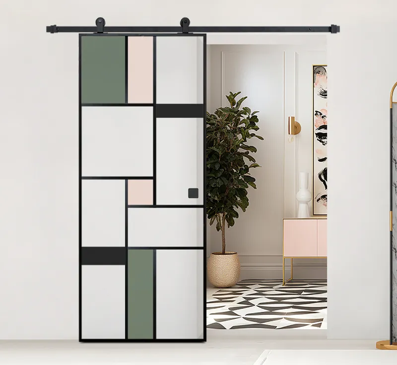 Sage Green Blush Pink Geometric Frosted Glass Barn Door, Black Metal Frame Asymmetrical Panel Interior Sliding Partition Door