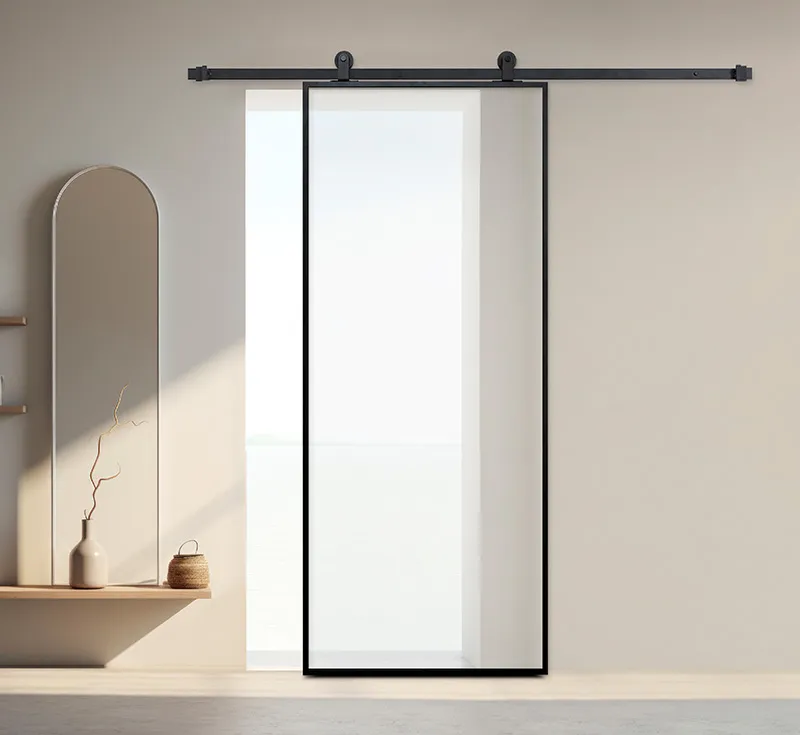 Single Pane Clear Glass Barn Door | Thin Black Frame Minimalist Sliding Door with Matte Track Hardware | Custom Size Full-View Interior Door for Homes, Offices & Storefronts