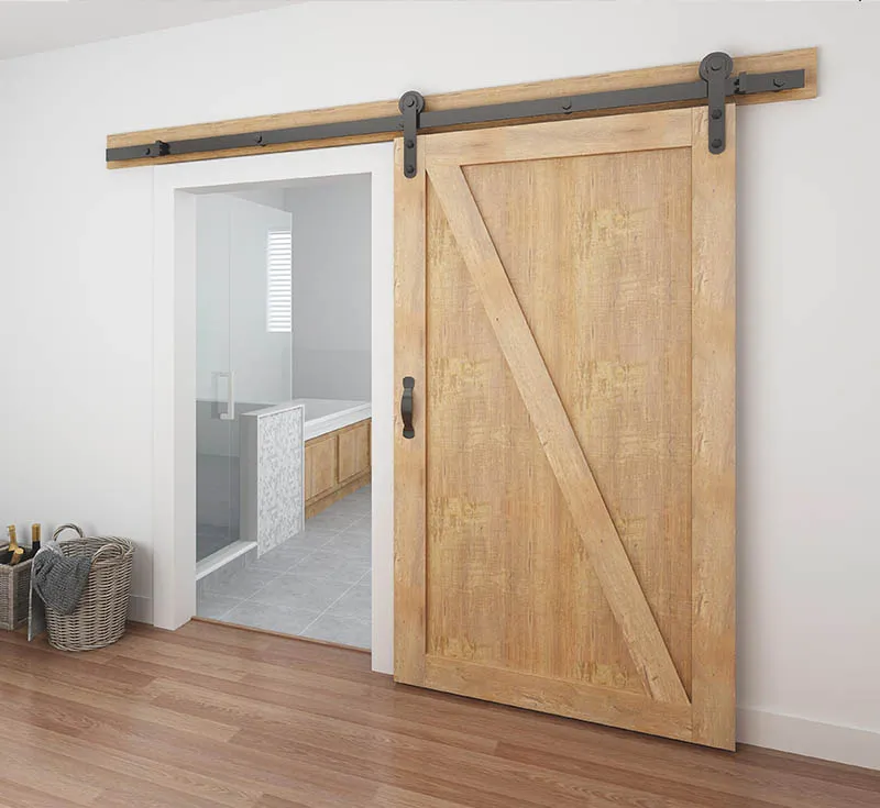 Single Z‑Brace Frame‑Panel Solid Wooden Sliding Barn Door, Rustic Distressed Light Oak Solid Timber Barn Door with Black Classic Hardware Kit for Farmhouse Bathroom Wholesale From China Factory Manufacturer