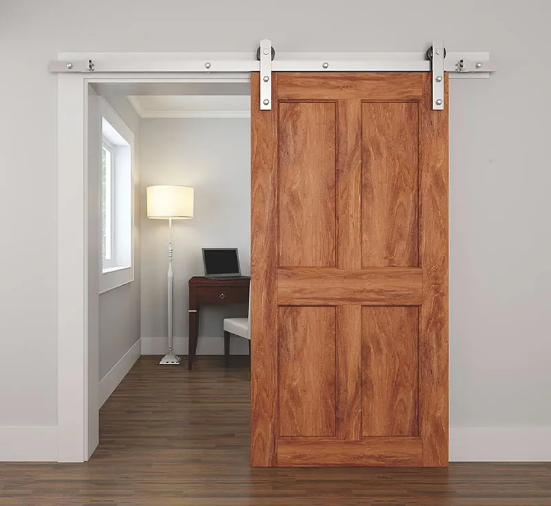 Six‑Panel Raised‑Frame Timber Sliding Barn Door, Traditional Recessed‑Panel Wood Barn Door with Satin Silver Flat‑Plate Hardware Kit for Classic Home Wholesale From China Factory Manufacturer