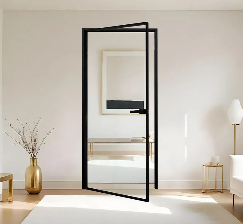 Slim Black Metal Frame Clear Glass Hinged Interior Door, Full Lite Clear Tempered Glass Swing Door for Modern Home Remodeling