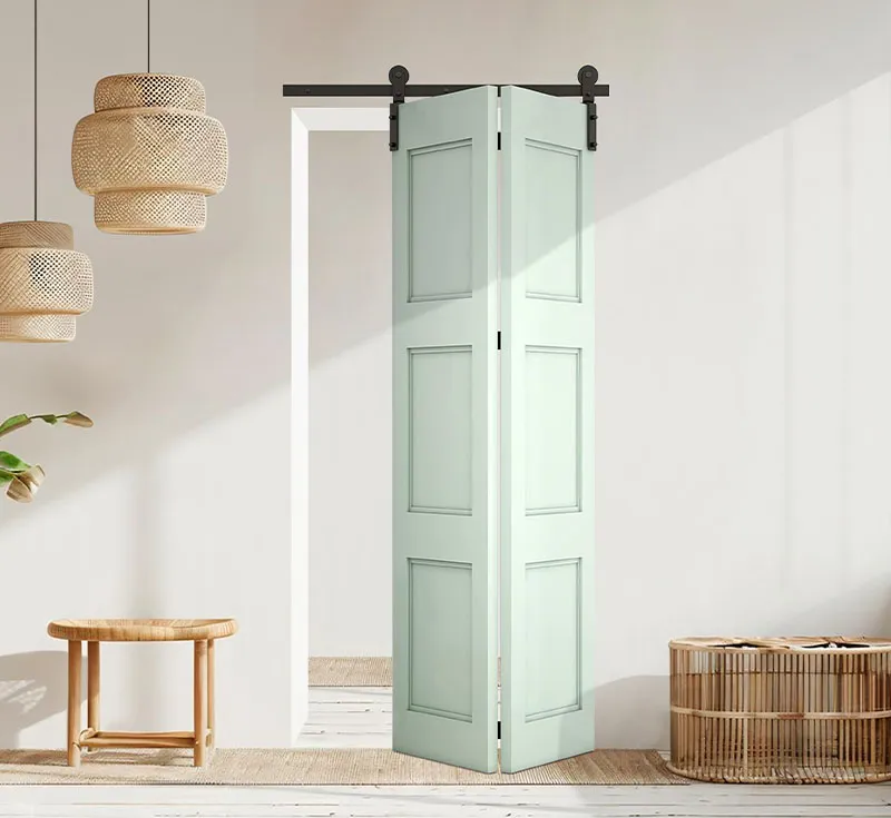 Soft Mint Green 3‑Panel Bi‑Fold Solid Wood Sliding Barn Door, Pre‑Painted Two‑Leaf Folding Barn Door with Matte Black Bi‑Fold Hardware Kit for Boho Cottage Wholesale From China Factory Manufacturer