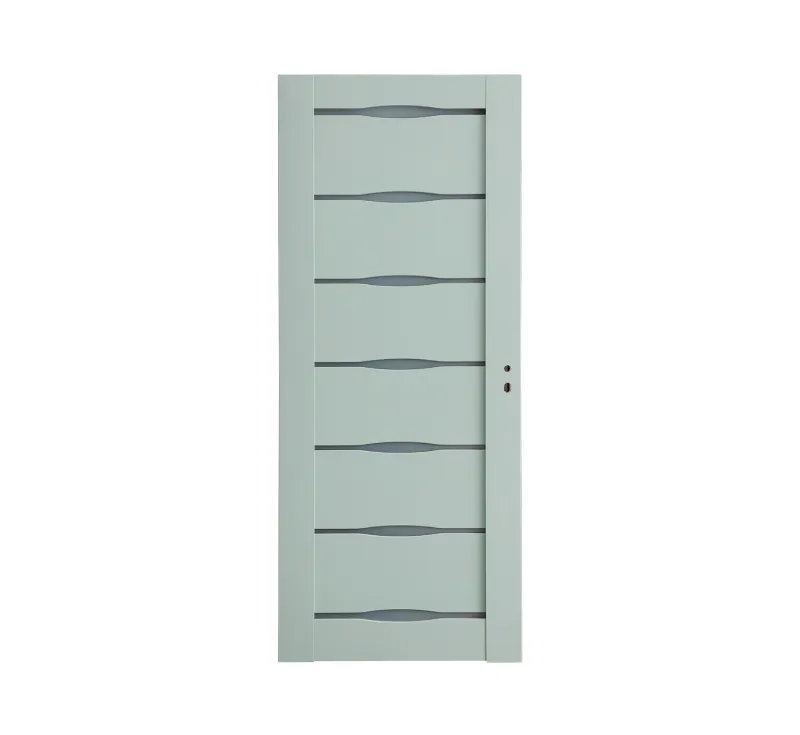 Soft Sage‑Green PVC Assembled Slab Door, Modern Interior Slab Door with 7‑Strip Horizontal Frosted Glass Inserts