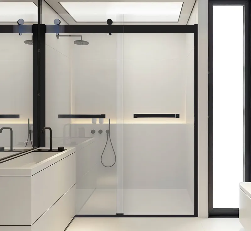 Top‑Mount Roller Sliding Shower Enclosure, Matte‑Black Overhead Track Shower Door with Minimal Bottom Profile