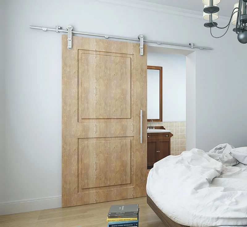 Two‑Panel Raised‑Frame Solid Wooden Sliding Barn Door, Classic Recessed‑Panel Light Oak Solid Timber Barn Door with Brushed Silver Hardware Kit for Transitional Bedroom Wholesale From China Factory Manufacturer