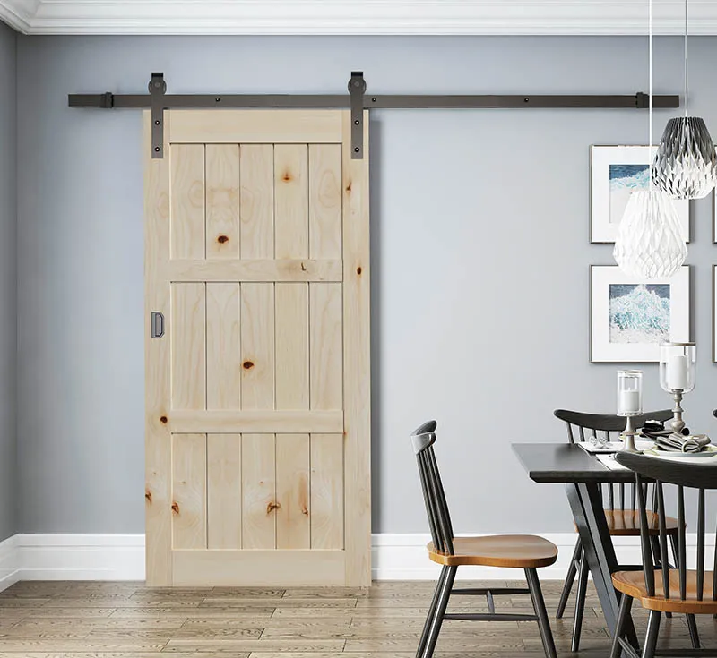 Unfinished 3‑Panel Framed Solid Wood Sliding Barn Door, Raw Pine Horizontal Divided Plank Barn Door with Matte Black Flat‑Plate Hardware Kit for Modern Farmhouse Wholesale From China Factory Manufacturer