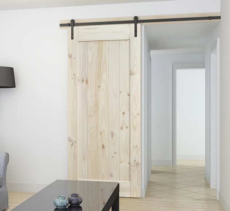 Unfinished Framed Flat‑Panel Solid Wood Sliding Barn Door, Raw Pine Vertical Plank Barn Door Without Brace with Matte Black Flat‑Plate Hardware Kit for Modern Farmhouse Wholesale From China Factory Manufacturer