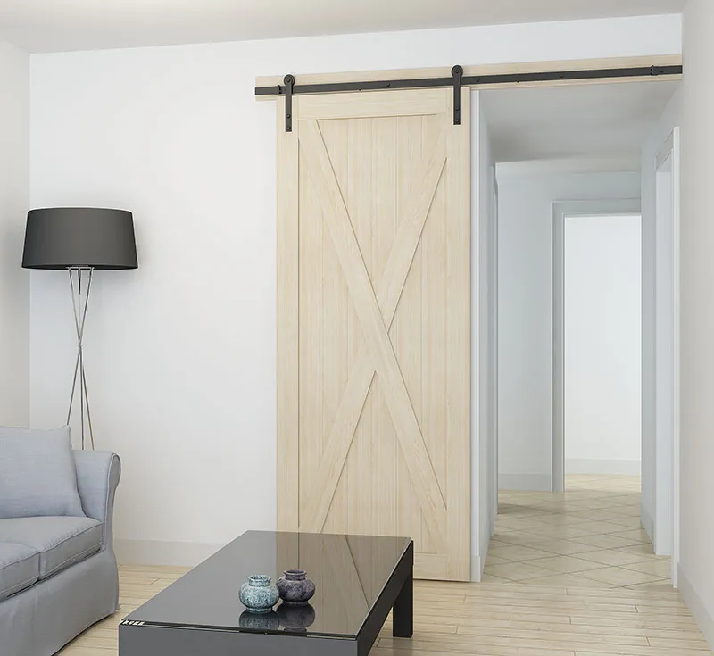 Unfinished Light Natural Single X‑Brace Framed Solid Wood Sliding Barn Door, Raw Light‑Tone X‑Frame Barn Door with Matte Black Flat‑Plate Hardware Kit for Bright Modern Farmhouse Wholesale From China Factory Manufacturer