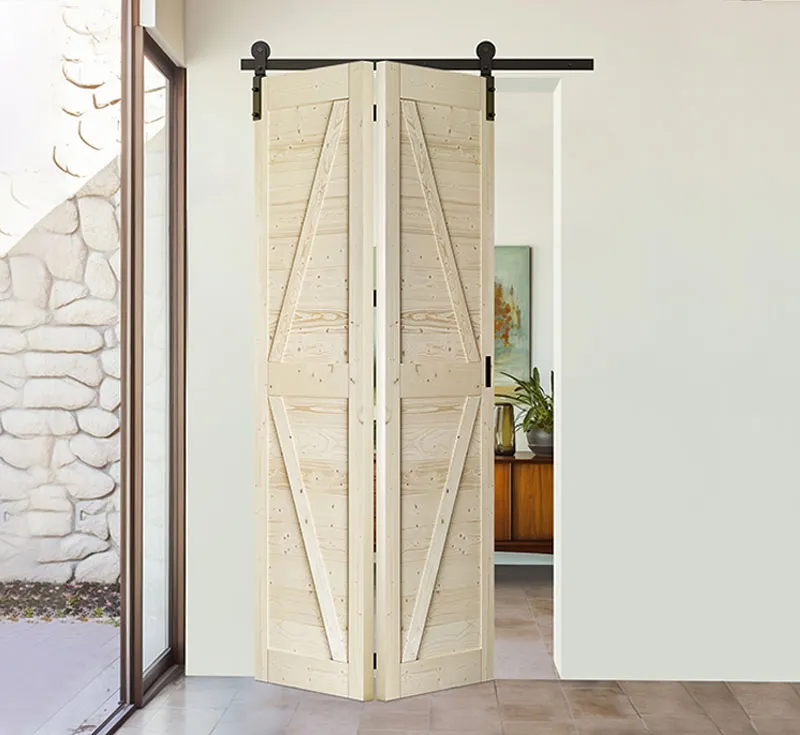 Unfinished Natural Pine Double Bi‑Fold X‑Brace Solid Wood Sliding Barn Door, Raw Wood Bifold Barn Door with Matte Black Bi‑Fold Hardware Kit for Farmhouse Interior Wholesale From China Factory Manufacturer