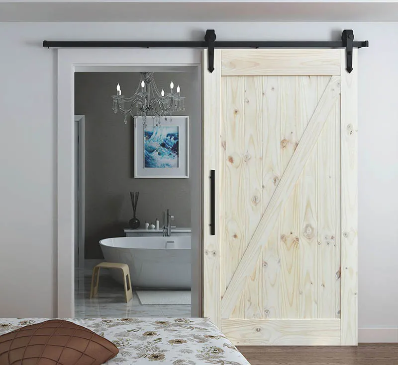 Unfinished Raw Pine Z‑Frame Solid Wood Sliding Barn Door, Natural Knotty Pine Diagonal Brace Barn Door with Black Arrow‑Style Hardware Kit for DIY Farmhouse Wholesale From China Factory Manufacturer