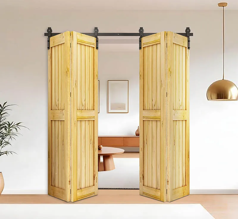 Unfinished Solid Wood Bi‑Fold Double Barn Door Set, Natural Knotty Pine 4‑Leaf Folding Sliding Barn Door with Matte Black Bi‑Fold Hardware Kit for Farmhouse Wholesale From China Factory Manufacturer