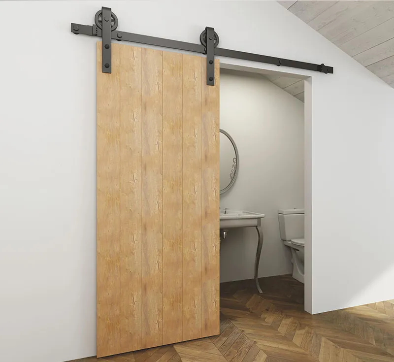 Vertical Plank Natural Weathered Solid Wooden Sliding Barn Door, Rustic Light Oak Solid Timber Barn Door with Black Big‑Wheel Hardware Kit for Farmhouse Bathroom Wholesale From China Factory Manufacturer
