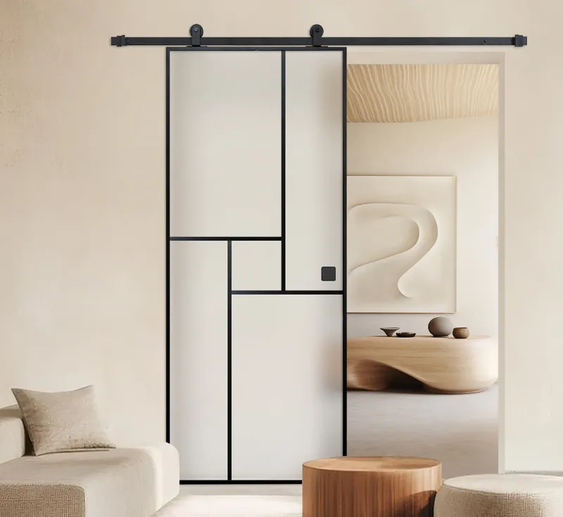 Wabi‑Sabi Style Asymmetrical Grid Frosted Glass Barn Door, Black Metal Frame Neutral Tone Interior Sliding Partition Door