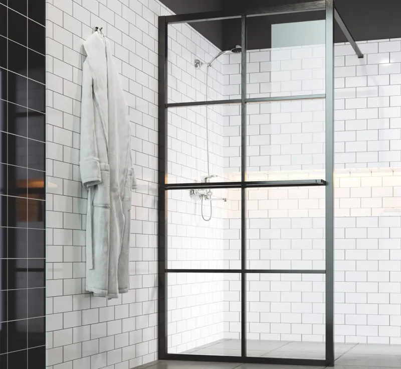 Walk‑In Fixed Crittall Grid Shower Screen, Floor‑to‑Ceiling Black Metal Grid Glass Shower Partition