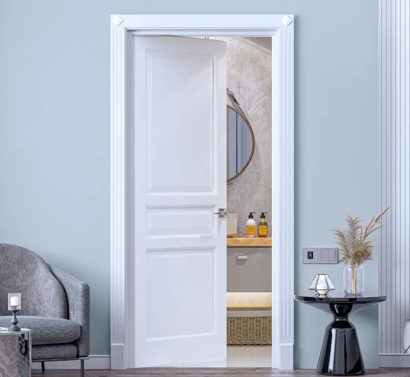 White 3‑Panel Raised‑Recessed Molded Interior Door, Classic Transitional MDF Door for Bathrooms & Residential Spaces
