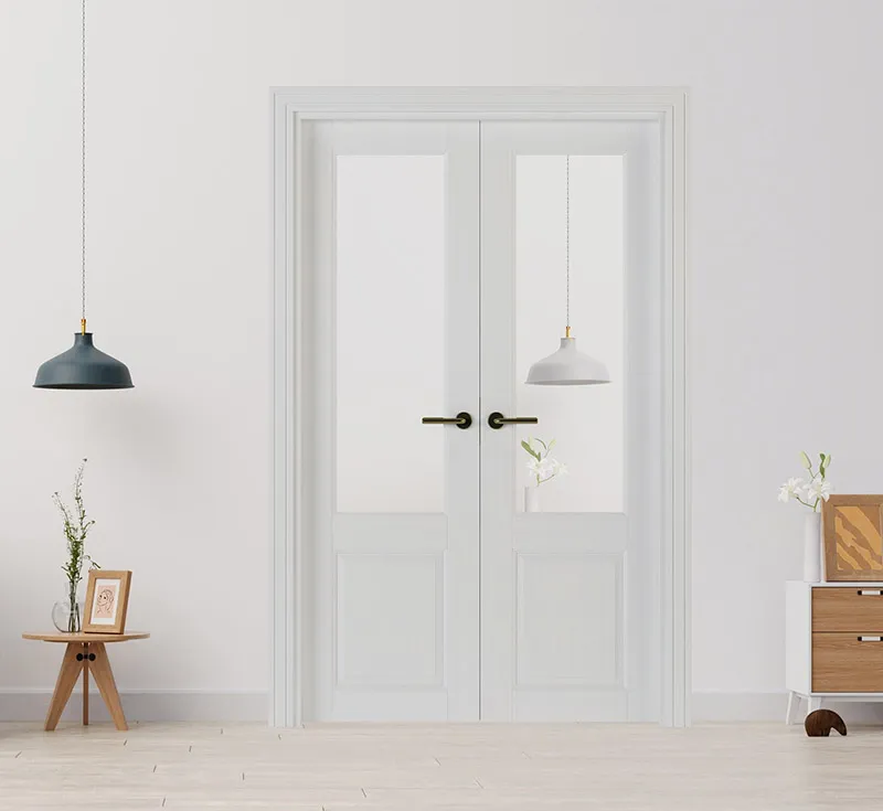 White Molded Double Doors with Frosted Glass Lites | Recessed Panel Pair, Primed & Ready to Paint | Scandinavian Style for Wide Closets, Pantries & Room Dividers