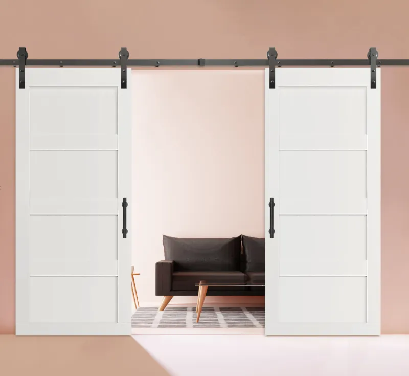 White PVC Assembled Double Barn Door, 4‑Panel Shaker‑Style Bypass Sliding Barn Door with Full Hardware Kit