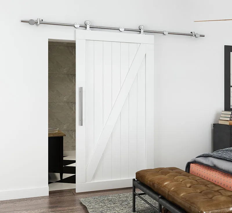White Z‑Bar Solid Wooden Sliding Barn Door, Painted Vertical Plank Solid Timber Barn Door with Silver Hardware Kit for Modern Farmhouse Wholesale From China Factory Manufacturer
