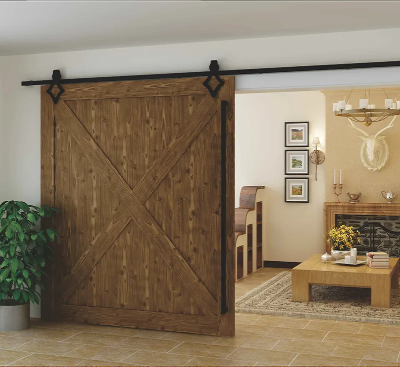 X‑Brace Stained Solid Wooden Sliding Barn Door, Walnut‑Tone Knotty Pine Solid Timber Barn Door with Black Diamond‑Shape Hardware Kit for Rustic Farmhouse Wholesale From China Factory Manufacturer