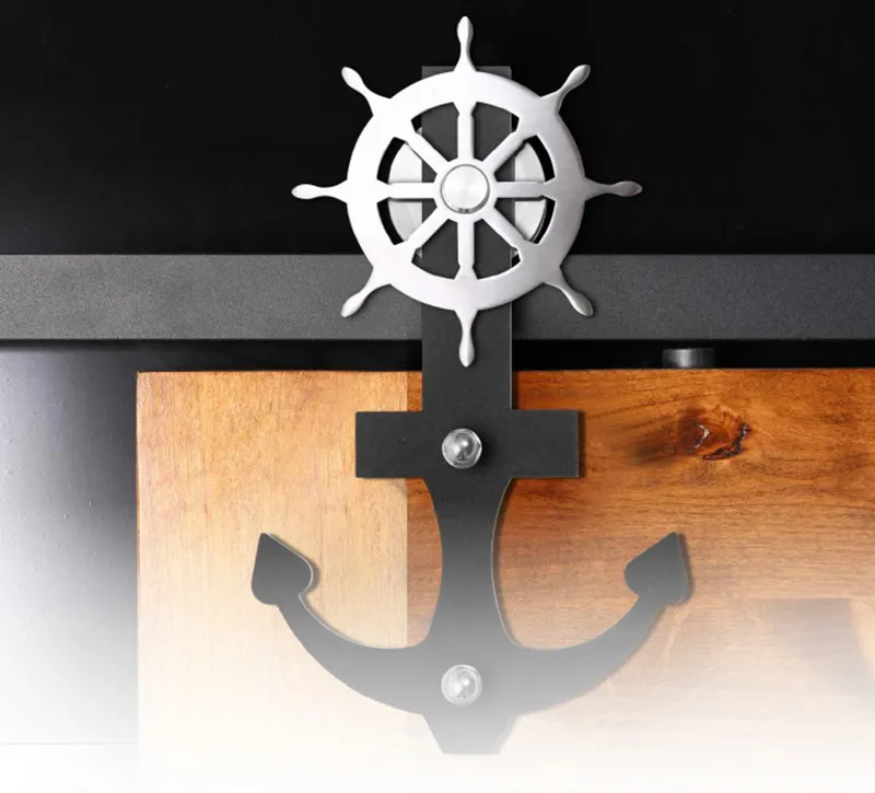 Nautical Anchor‑Ship Wheel Barn Door Track Hardware Kit, Low‑Noise Roller Sliding Assembly for Home & Office Barn Doors