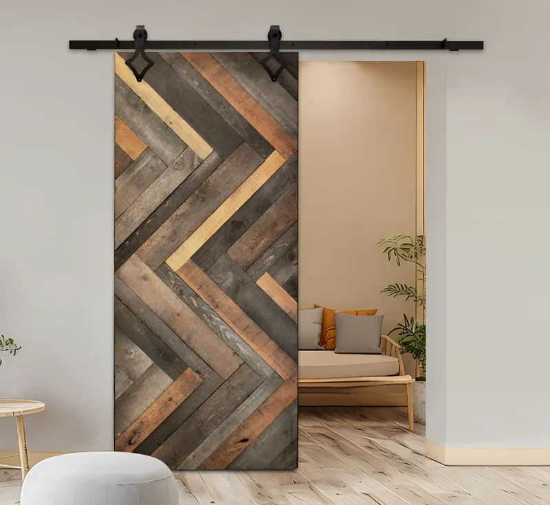 Herringbone Reclaimed‑Look Solid Wood Barn Door | Multi‑Tone Parquet Sliding Interior Barn Door with Black Hardware Kit