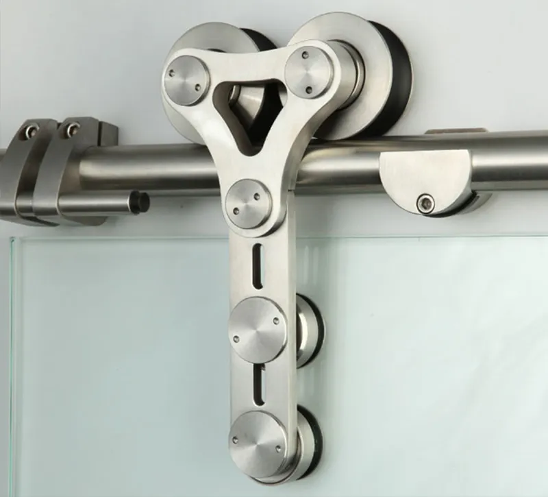 Brushed Nickel Triangle‑Cutout G;ass Barn Door Track Hardware, Complete Sliding Roller Kit for Humid Coastal Environments