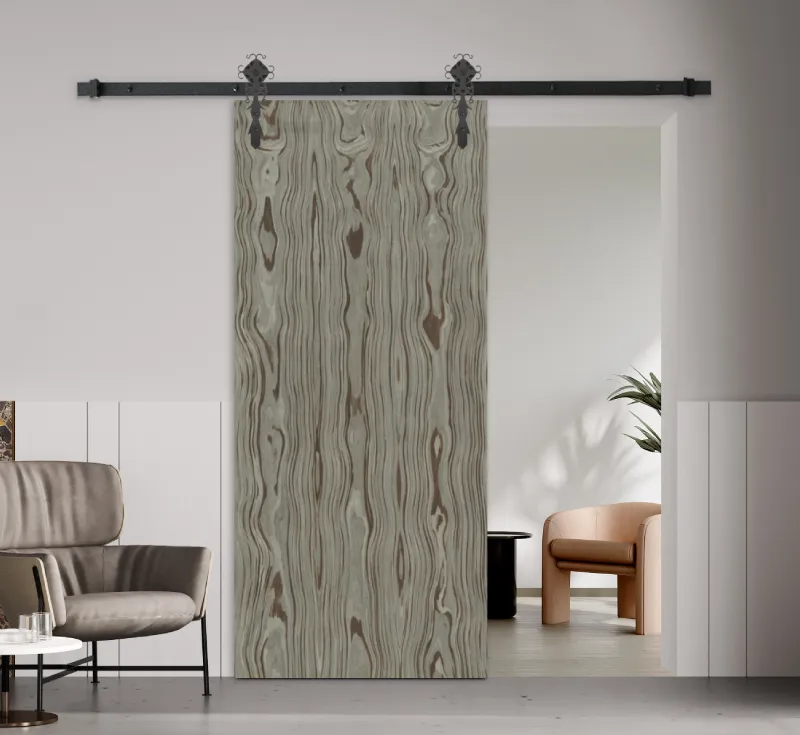 Molded Wood Veneer Sliding Barn Door, Full‑Panel Interior Barn Door with Ornate Decorative Black Hardware for Modern & Vintage Home Spaces