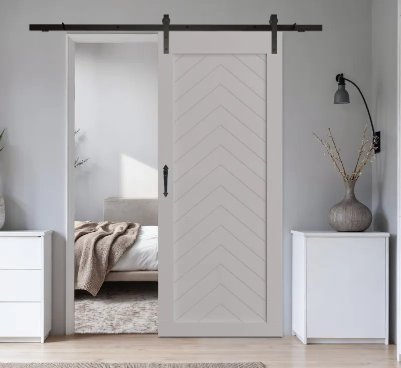 Pre‑Finished Chevron Grooved Solid Wood Barn Door | Modern V‑Groove Sliding Interior Barn Door with Black Hardware & Handle Kit