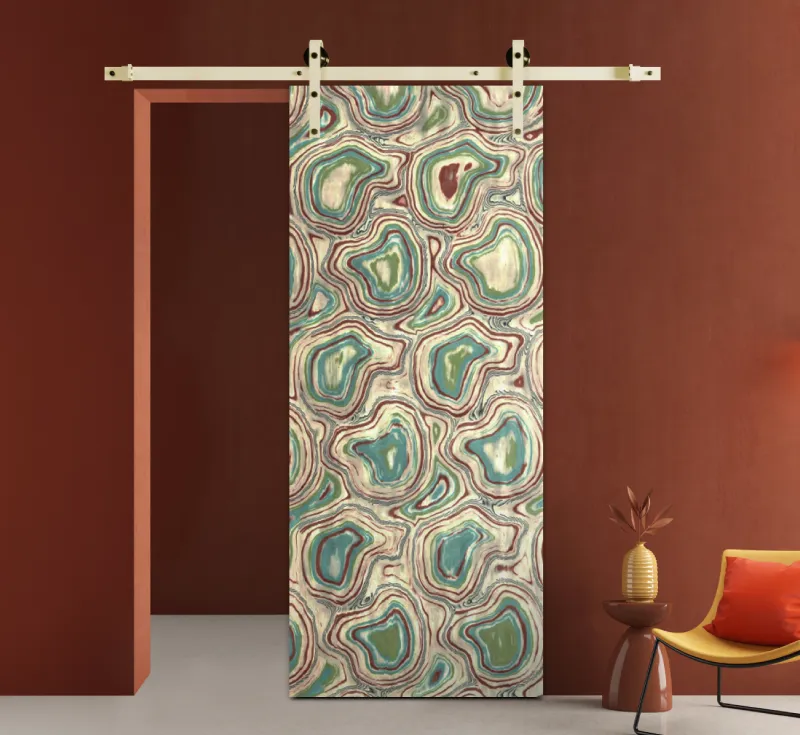 Artistic Agate‑Pattern Molded Veneer Sliding Barn Door, Full‑Panel Decorative Interior Barn Door with Cream‑Colored Hardware Kit for Statement Home Interiors